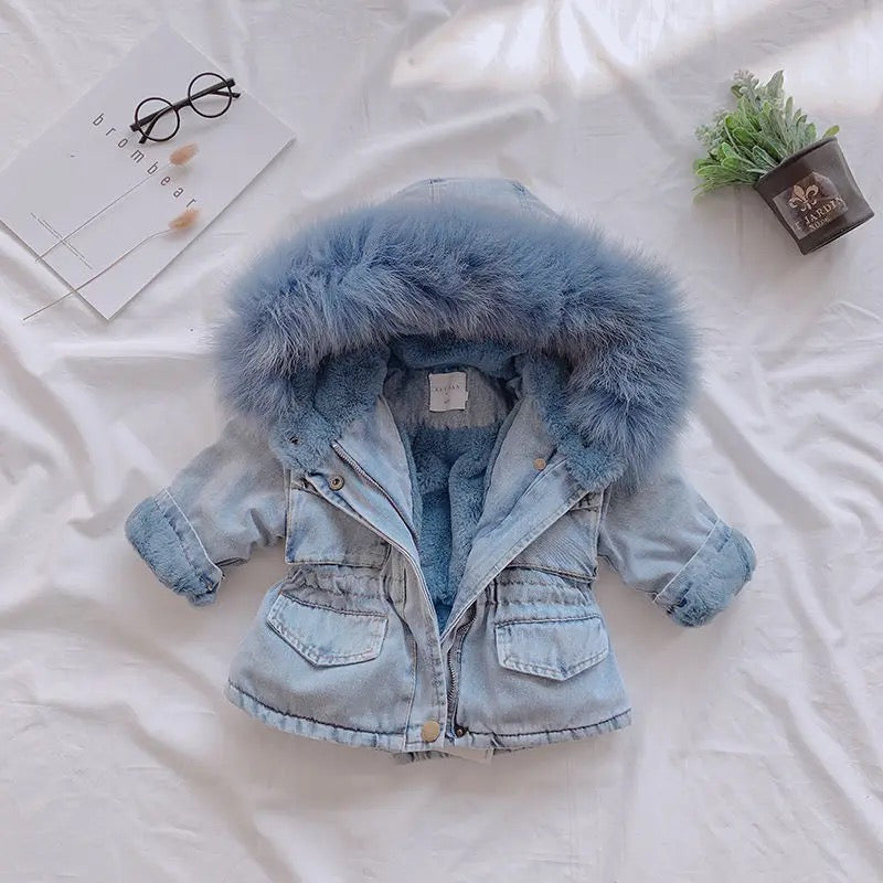 Fur hooded collar denim jacket