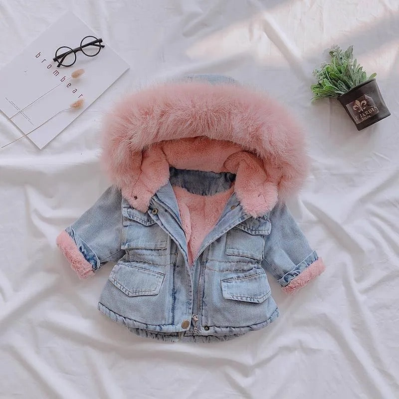 Fur hooded collar denim jacket