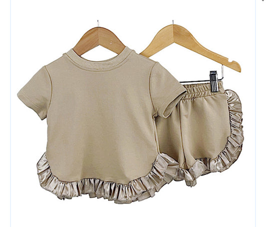 Beige 2 piece frill hem short set